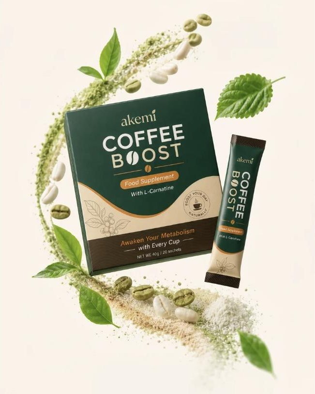 Akemi Coffee Boost box and single-serve sachet, food supplement with L-Carnitine