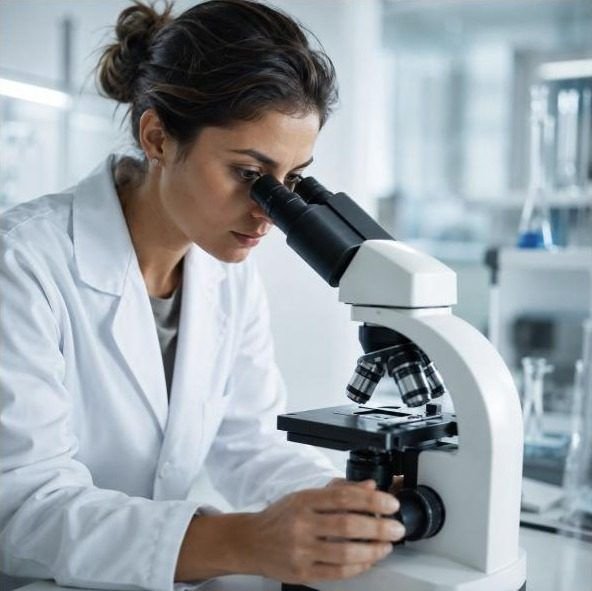 Researcher in a white lab coat looking through a microscope