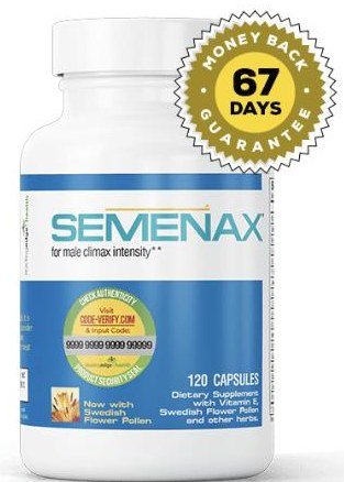 Semenax dietary supplement bottle with 120 capsules and a 67-day money-back guarantee seal